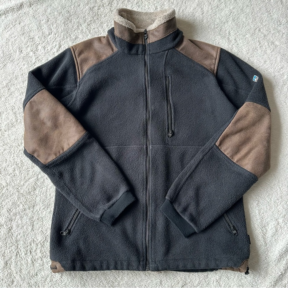 Kuhl Fleece Jacket Mens Sz S Black Sherpa Collar Zip Outdoor Hiking Elbow Patch